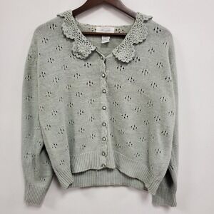 Margules Vtg Cottagecore Cardigan Size L Peter Pan Crochet Twee Green Pastel